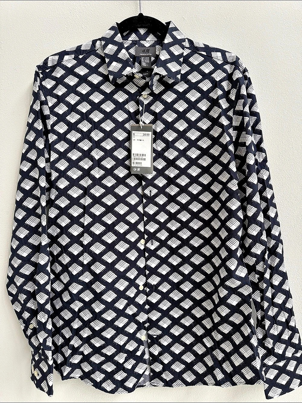 H&M Geometric Cotton Shirt in navy  & White Size Medium NWT